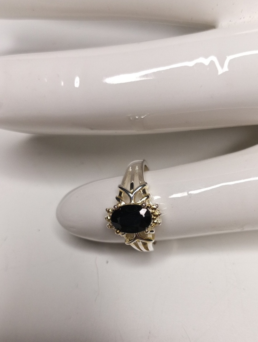 Sterling Silver Classic Genuine Black Sapphire Two-Tone Women's Ring - Size 5